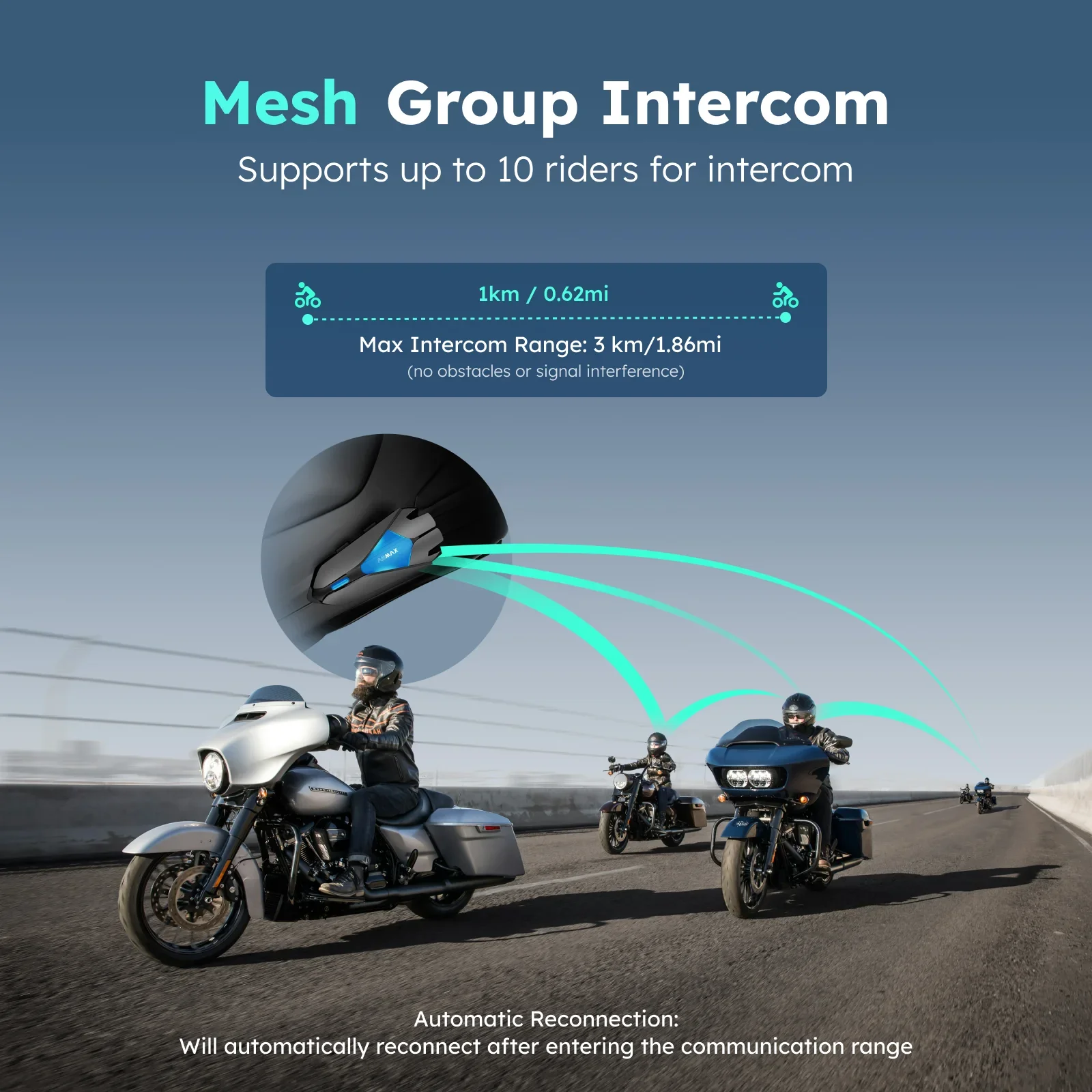 2pcs Motorcycle Bluetooth Intercom, IP67 Waterproof Helmet Headset, 2 Chips 8-Core, HIFI Speakers, ENC, 42min Fast