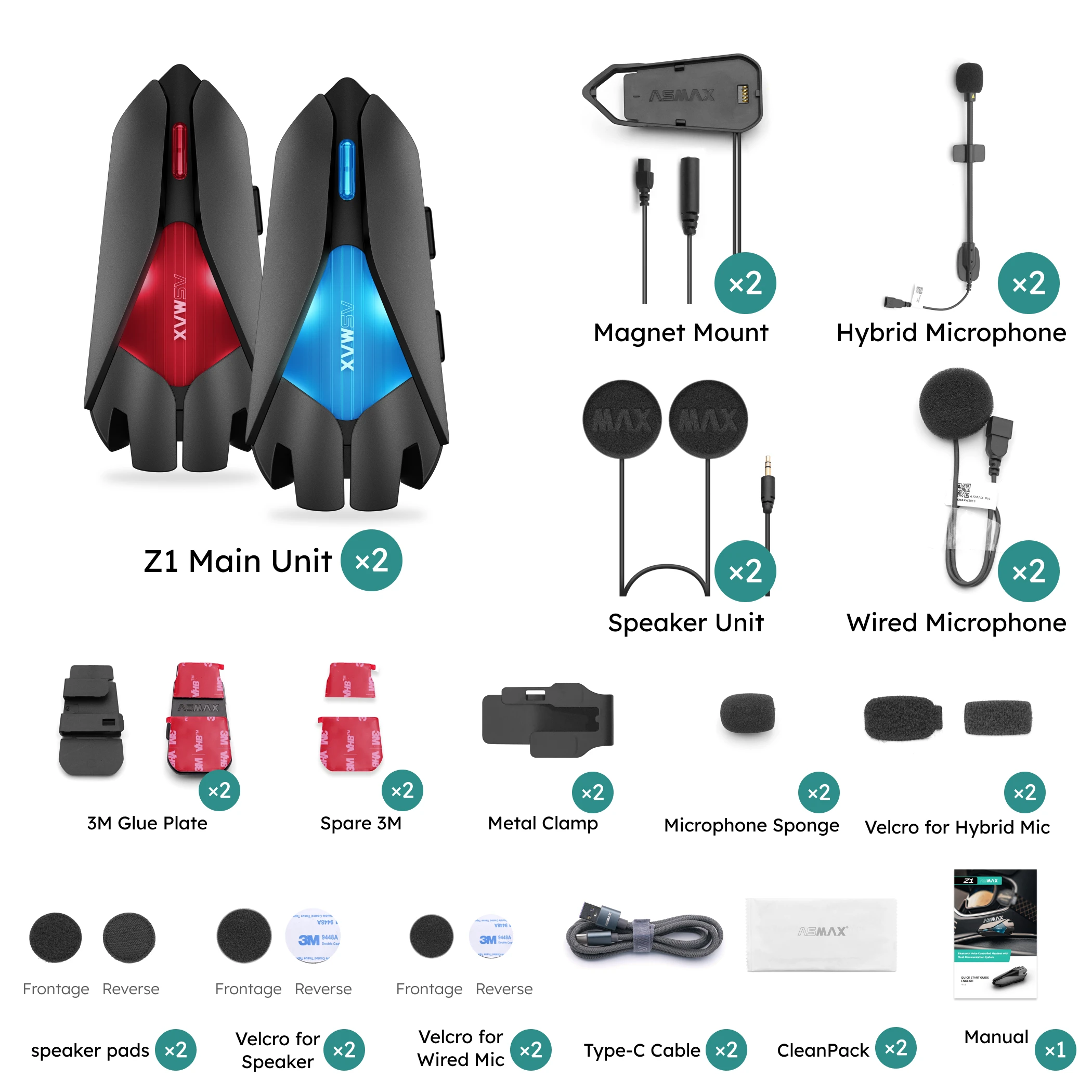 2pcs Motorcycle Bluetooth Intercom, IP67 Waterproof Helmet Headset, 2 Chips 8-Core, HIFI Speakers, ENC, 42min Fast
