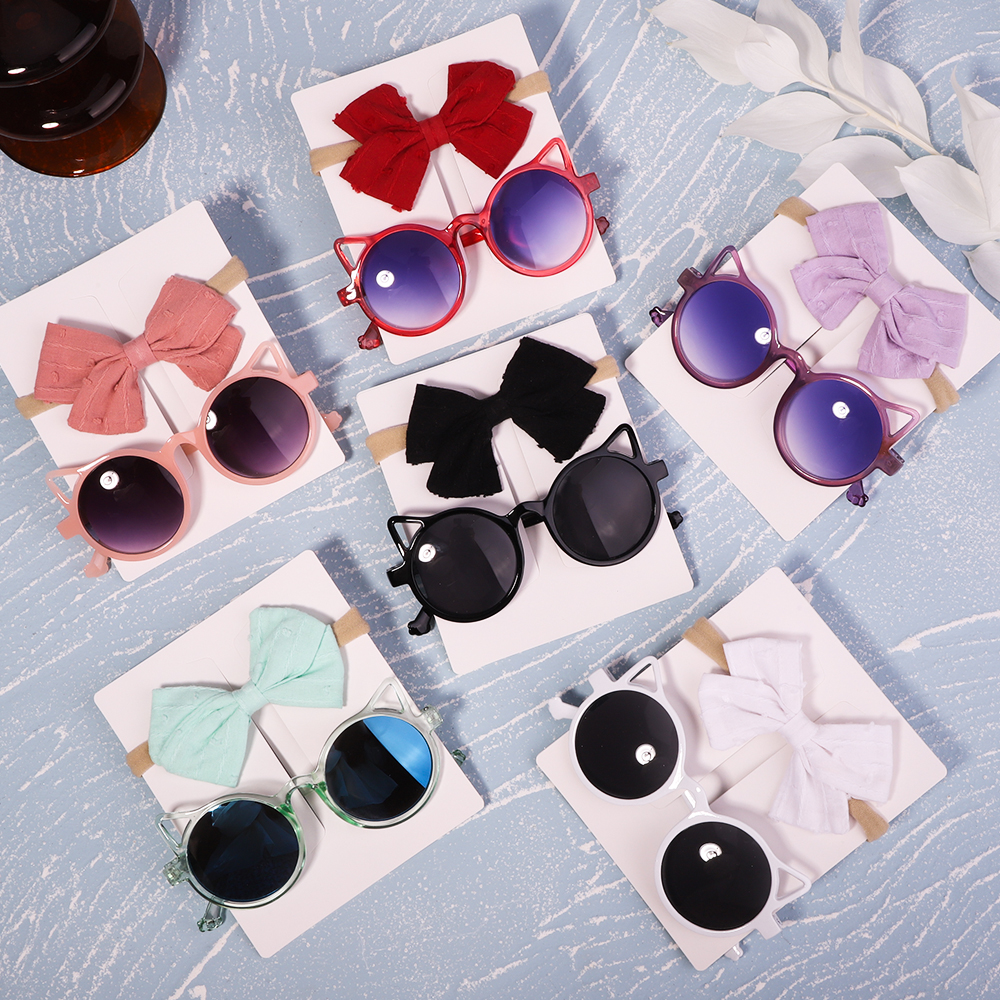 2Pcs Vintage Kids Summer Bows Headband Round Sunglasses Children Sun Glasses Protection Glasses Baby Hair Accessories