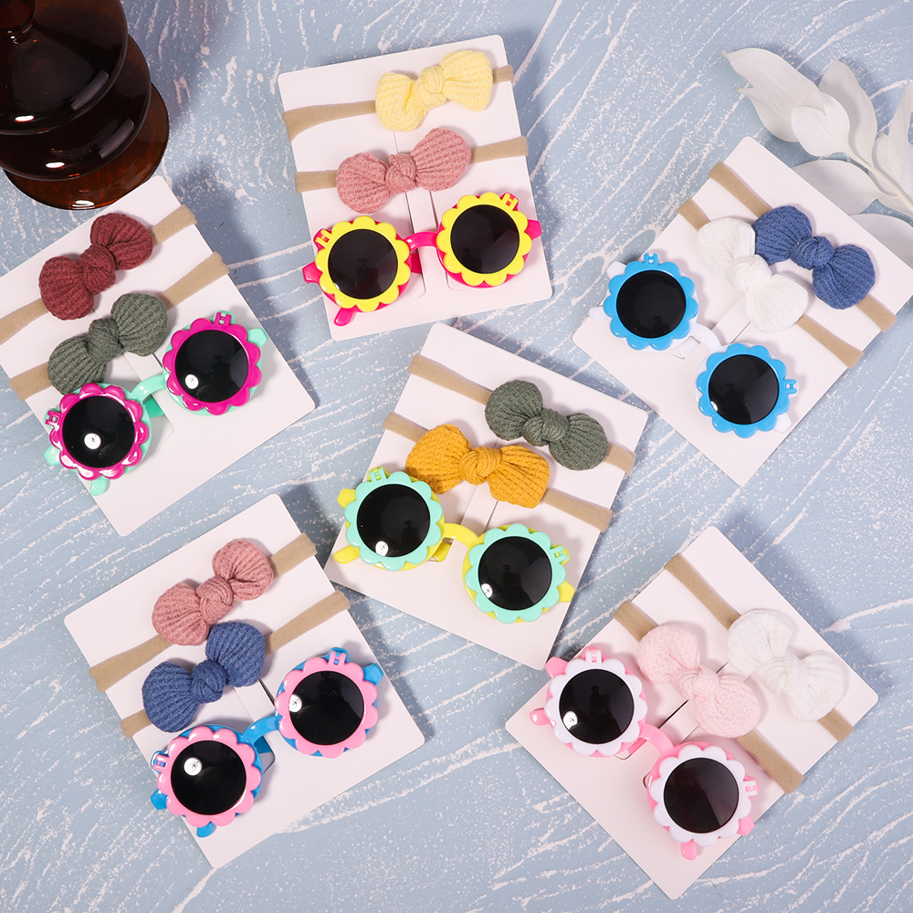 2Pcs Vintage Kids Summer Bows Headband Round Sunglasses Children Sun Glasses Protection Glasses Baby Hair Accessories