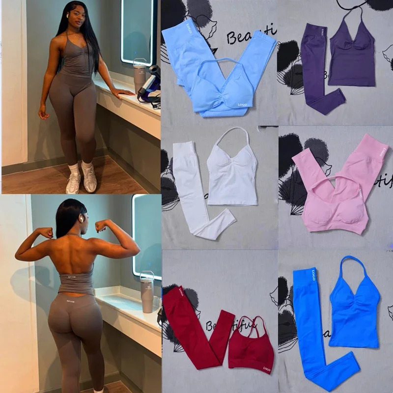 2Pcs Women's Gym Yoga Set Seamless High Waist Leggings Sports Bra Top Workout Outfit Fitness Activewear Running