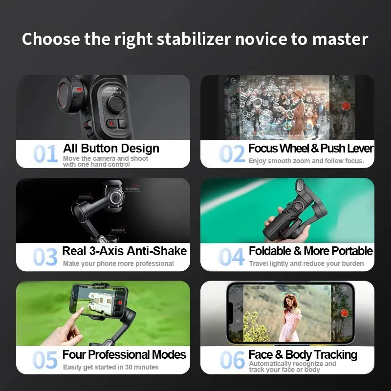 3-Axis Handheld Gimbal Stabilizer SmartXE for Smartphone for iPhone Android AI Face Tracking TikTok Vlog 3-Axis Handheld Gimbal Stabilizer SmartXE for Smartphone for iPhone Android AI Face Tracking TikTok Vlog