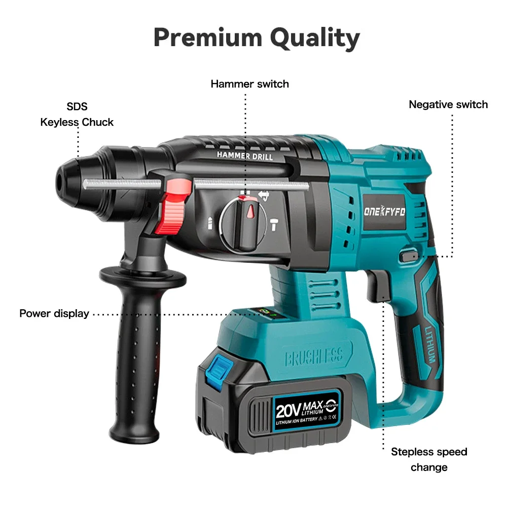 3 in 1 Brushless Impact Hammer 21V Cordless Hammer Drill FUNCTION Multifunctional Steel Concrete Wood