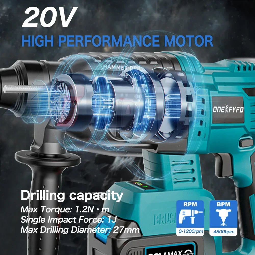 3 in 1 Brushless Impact Hammer 21V Cordless Hammer Drill FUNCTION Multifunctional Steel Concrete Wood