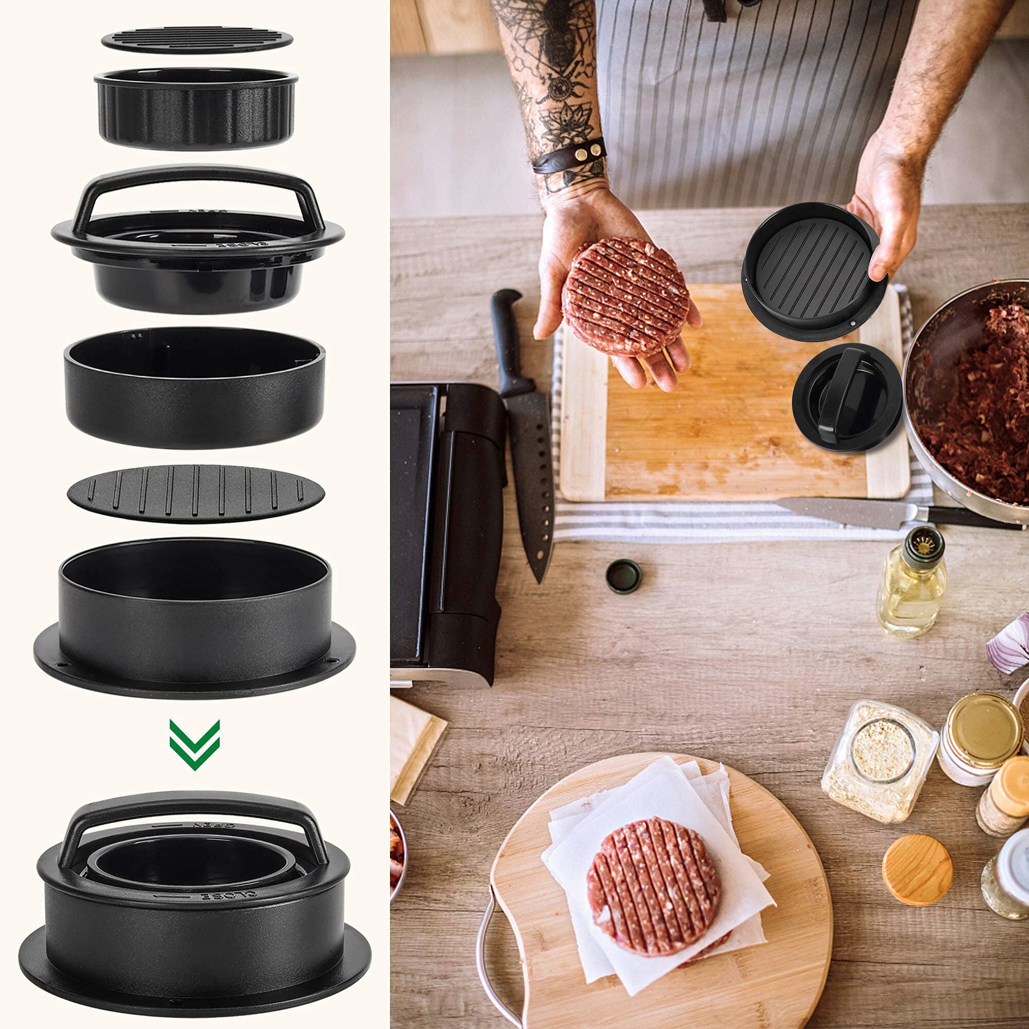 3 in 1 Non Stick Meat Beef Veggie Hamburger Patty Mold Essential Tool to Make Patty for Stuffed Burgers