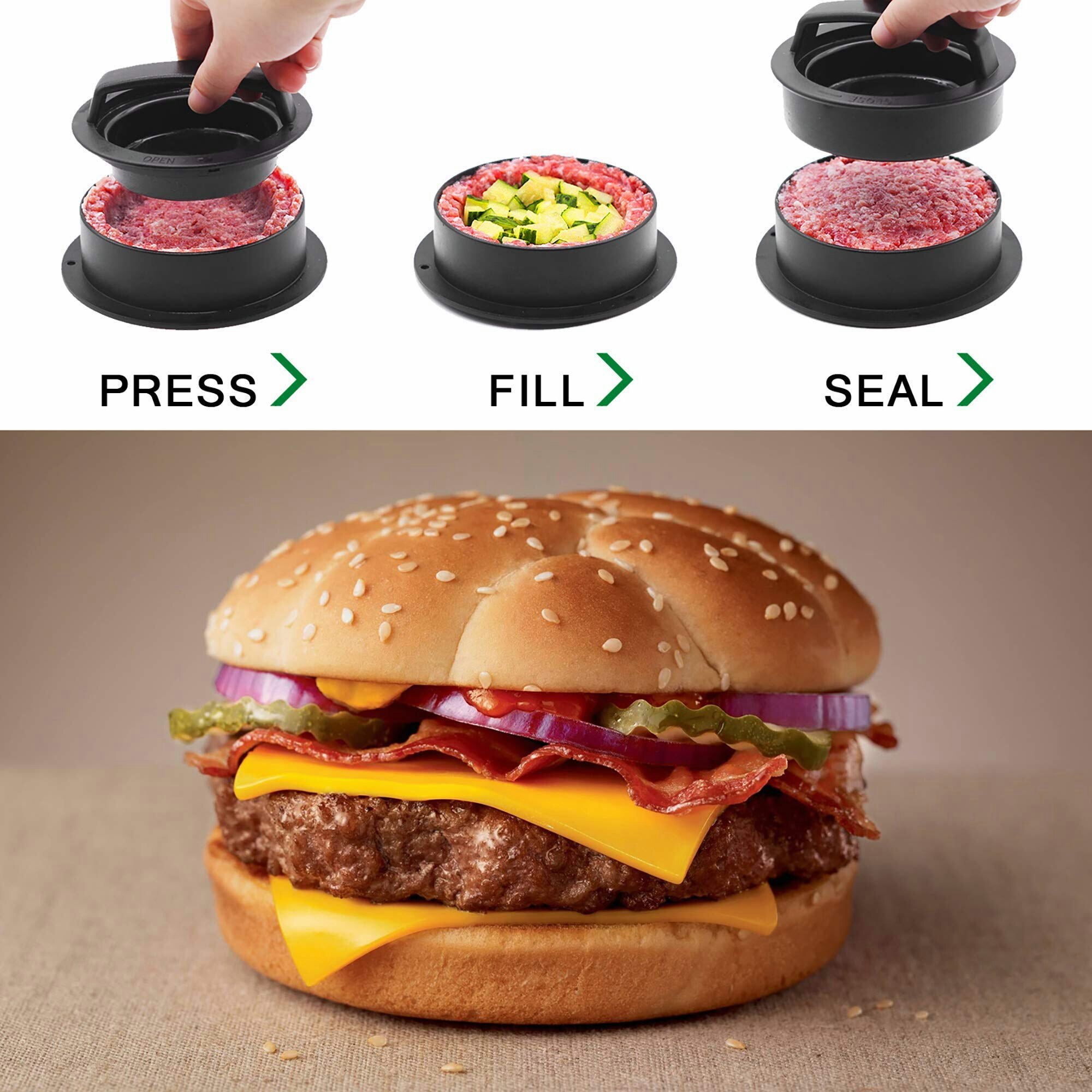 3 in 1 Non Stick Meat Beef Veggie Hamburger Patty Mold Essential Tool to Make Patty for Stuffed Burgers