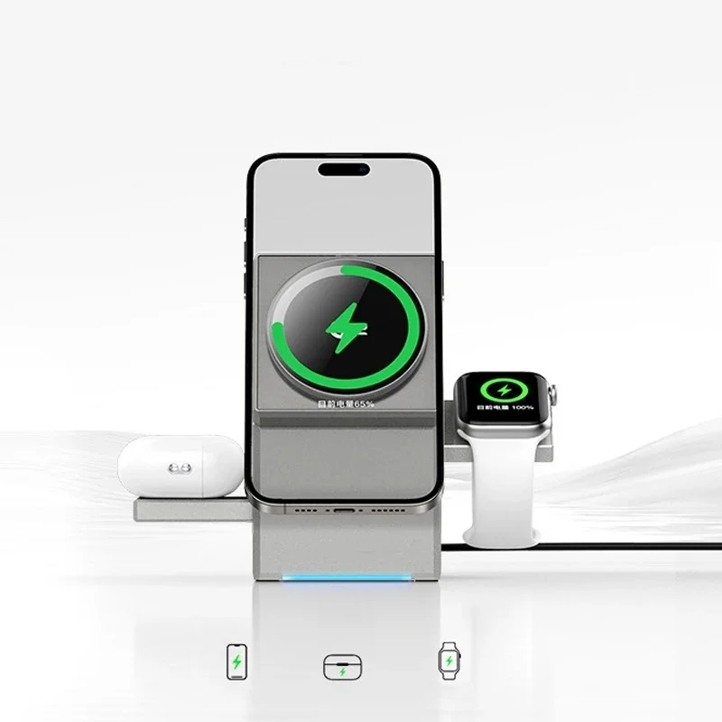 3 In 1 Touch Autorotation Magnetic Wireless Charger For Android iPhone iWatch Magsafe Fast Charging Dock Station