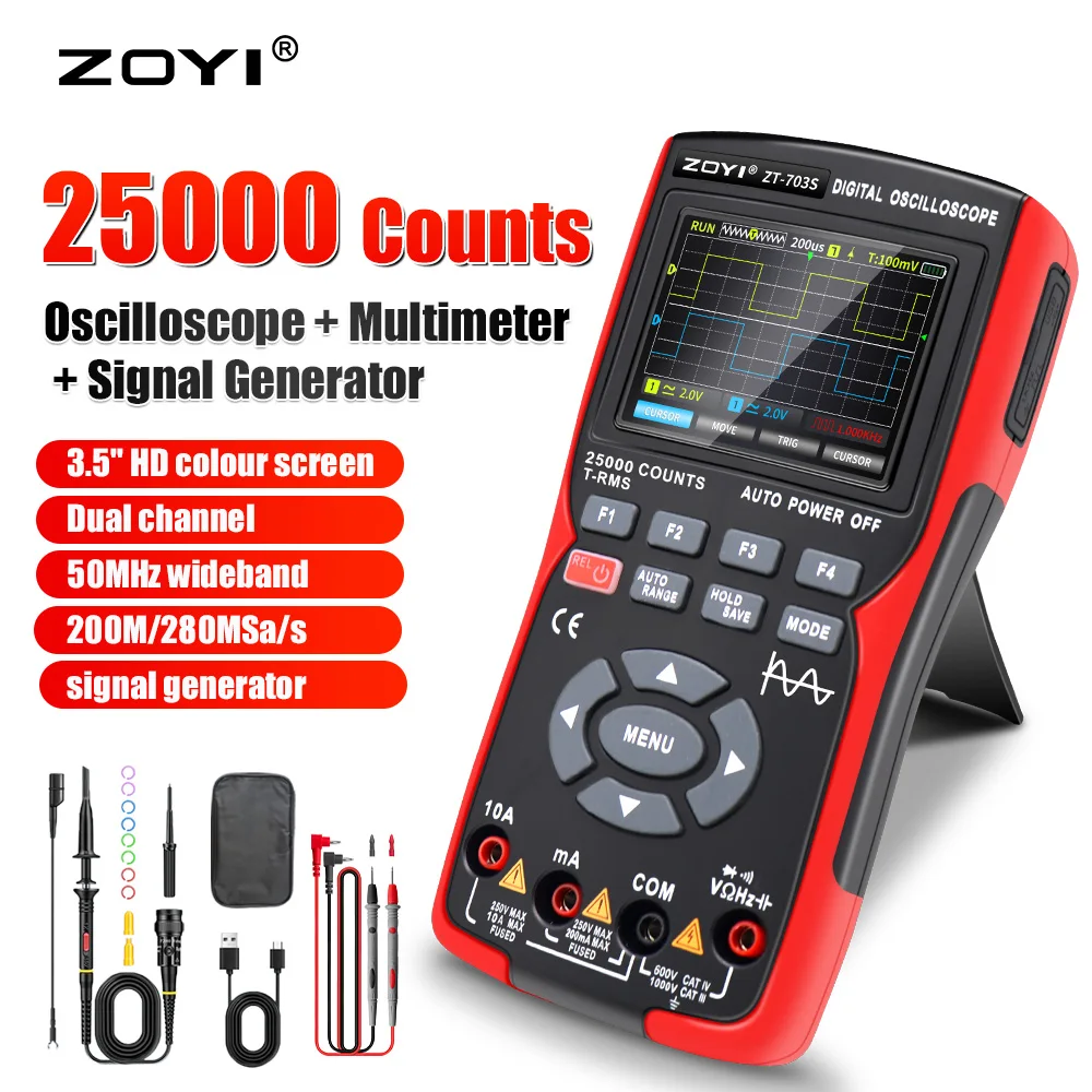 3 In1 Digital Multimeter 50MHz Bandwidth 280MS Rate PC Waveform Data Storage Dual Oscilloscope Signal Generator Tester