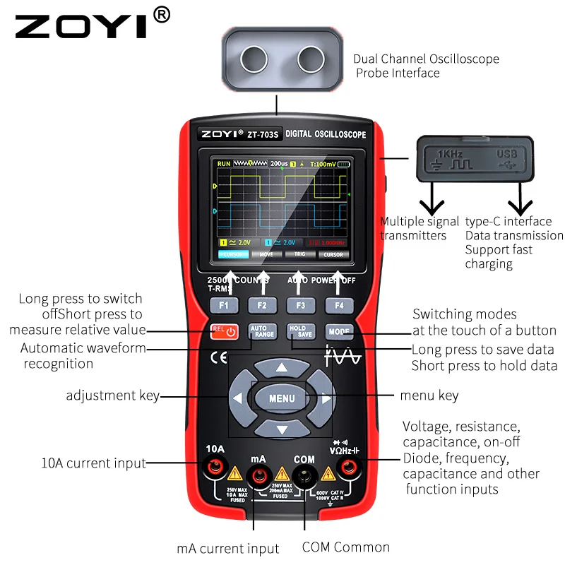 3 In1 Digital Multimeter 50MHz Bandwidth 280MS Rate PC Waveform Data Storage Dual Oscilloscope Signal Generator Tester