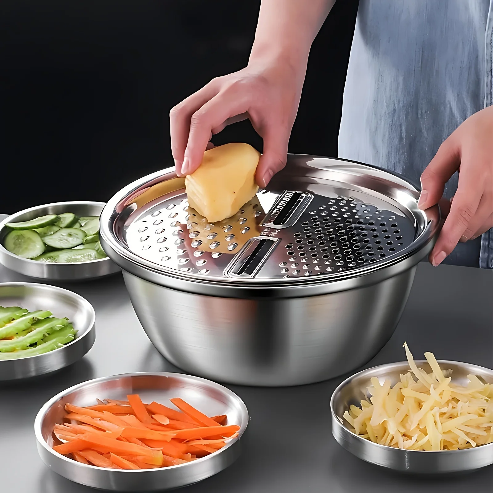 3-Piece Stainless Steel Multifunctional Strainer, and Mixing Bowl for Washing and Slicing Fruits, Vegetables 3-Piece Stainless Steel Multifunctional Strainer, and Mixing Bowl for Washing and Slicing Fruits, Vegetables