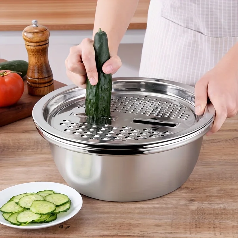 3-Piece Stainless Steel Multifunctional Strainer, and Mixing Bowl for Washing and Slicing Fruits, Vegetables 3-Piece Stainless Steel Multifunctional Strainer, and Mixing Bowl for Washing and Slicing Fruits, Vegetables
