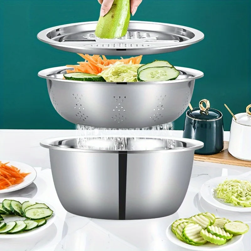3-Piece Stainless Steel Multifunctional Strainer, and Mixing Bowl for Washing and Slicing Fruits, Vegetables 3-Piece Stainless Steel Multifunctional Strainer, and Mixing Bowl for Washing and Slicing Fruits, Vegetables