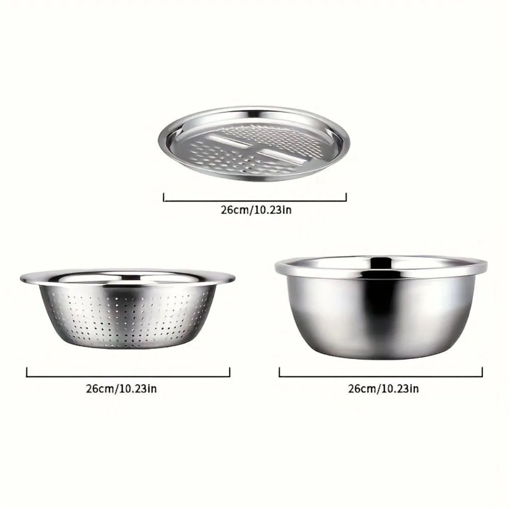 3-Piece Stainless Steel Multifunctional Strainer, and Mixing Bowl for Washing and Slicing Fruits, Vegetables 3-Piece Stainless Steel Multifunctional Strainer, and Mixing Bowl for Washing and Slicing Fruits, Vegetables