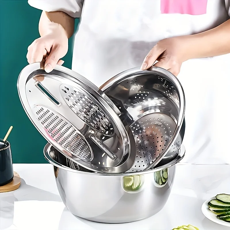 3-Piece Stainless Steel Multifunctional Strainer, and Mixing Bowl for Washing and Slicing Fruits, Vegetables 3-Piece Stainless Steel Multifunctional Strainer, and Mixing Bowl for Washing and Slicing Fruits, Vegetables