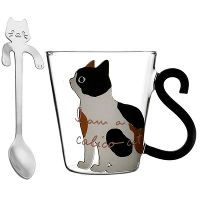 300ml Cat Glass Mug with Spoon