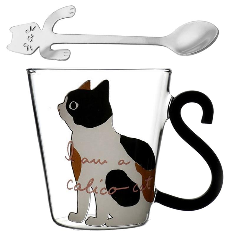 300ml Cat Glass Mug with Spoon