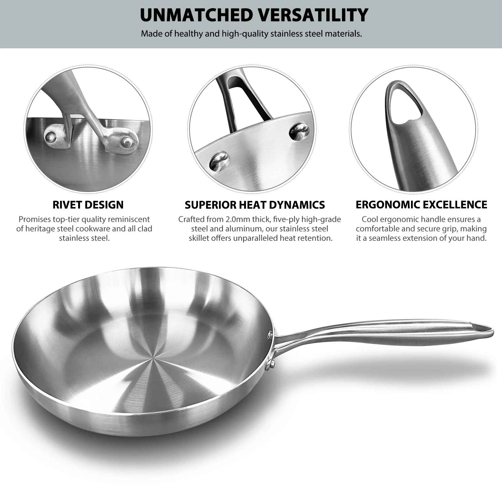 304 Stainless Steel Frying Pan, NonStick Pan Fried Steak Pot Uncoated Kitchen Cookware For Gas Stove and Induction