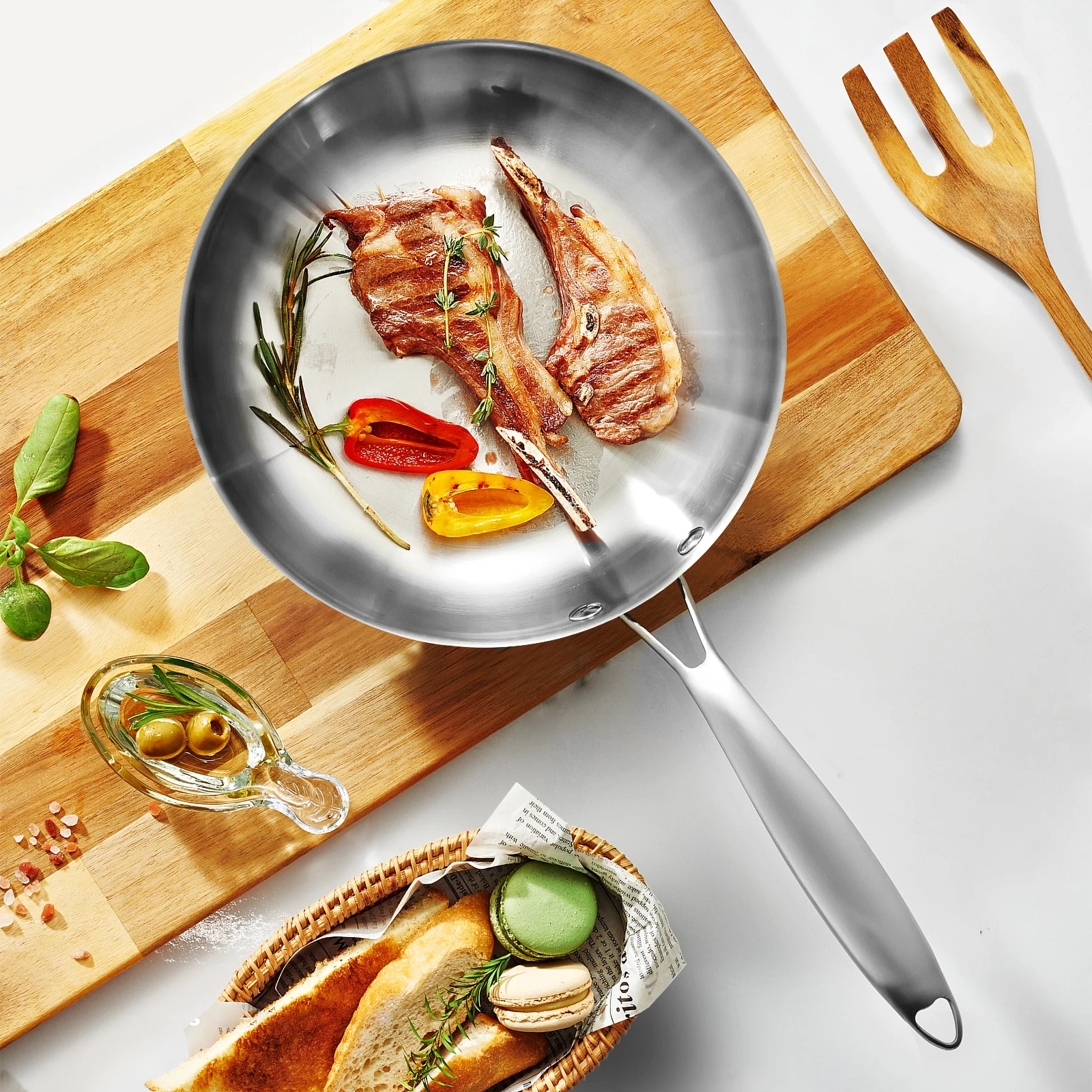 304 Stainless Steel Frying Pan, NonStick Pan Fried Steak Pot Uncoated Kitchen Cookware For Gas Stove and Induction