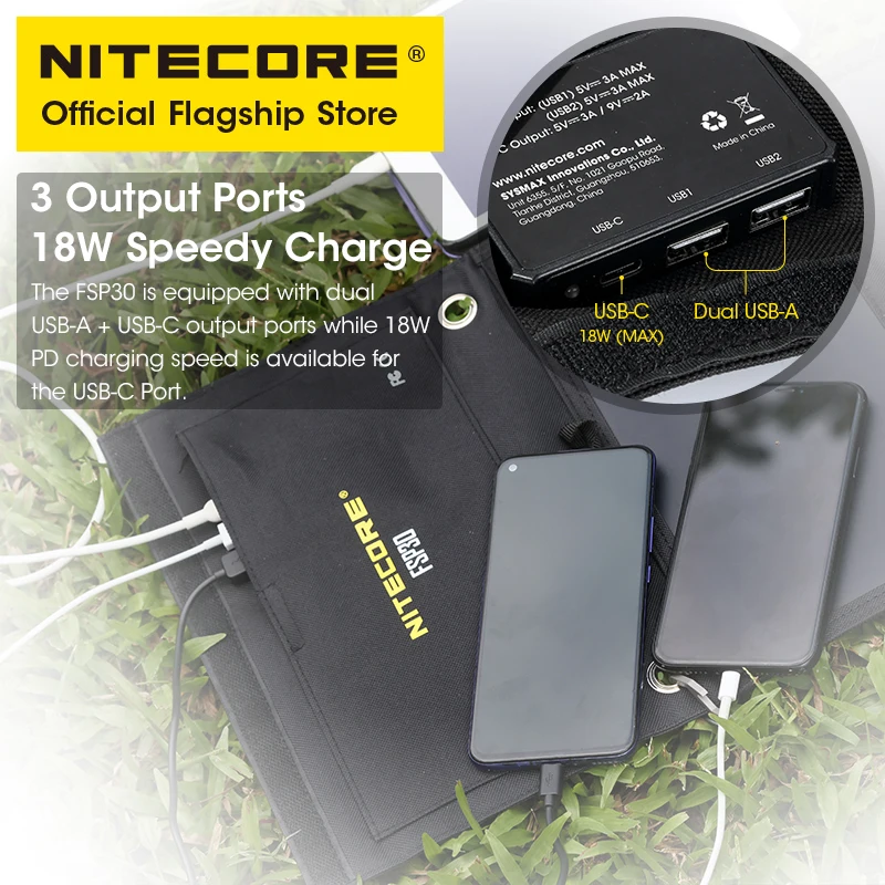 30W Portable Solar Panel Waterproof Small Solar Cell USB-C PD 18W Fast Charger for Phone Camping Hiking Riding