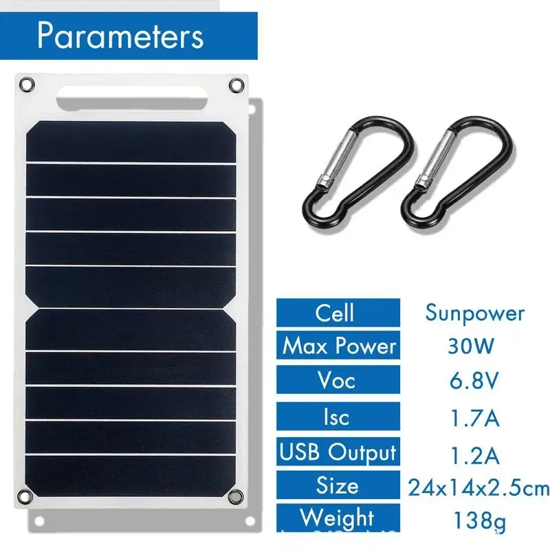 30W Solar Panel With USB Waterproof Outdoor Hiking And Camping Portable Battery Mobile Phone Charging Bank Charging