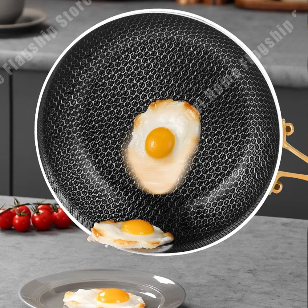 316 Stainless Steel Frying Pan Wok Non-stick Cooking Honeycomb Steak Gas Stove Pot Induction General Saucepan Kitchen