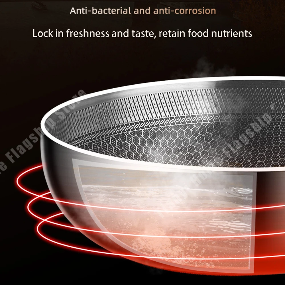 316 Stainless Steel Frying Pan Wok Non-stick Cooking Honeycomb Steak Gas Stove Pot Induction General Saucepan Kitchen