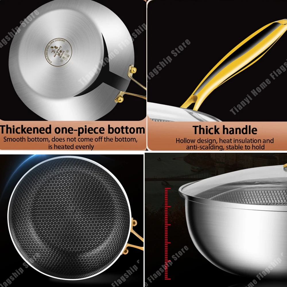 316 Stainless Steel Frying Pan Wok Non-stick Cooking Honeycomb Steak Gas Stove Pot Induction General Saucepan Kitchen