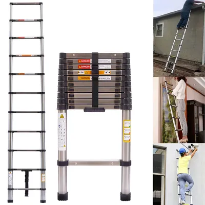 3.2M Telescopic Ladder 10.5FT Multi-Purpose Stainless Steel Telescoping Ladder Extendable Portable Sturdy Loft Ladder
