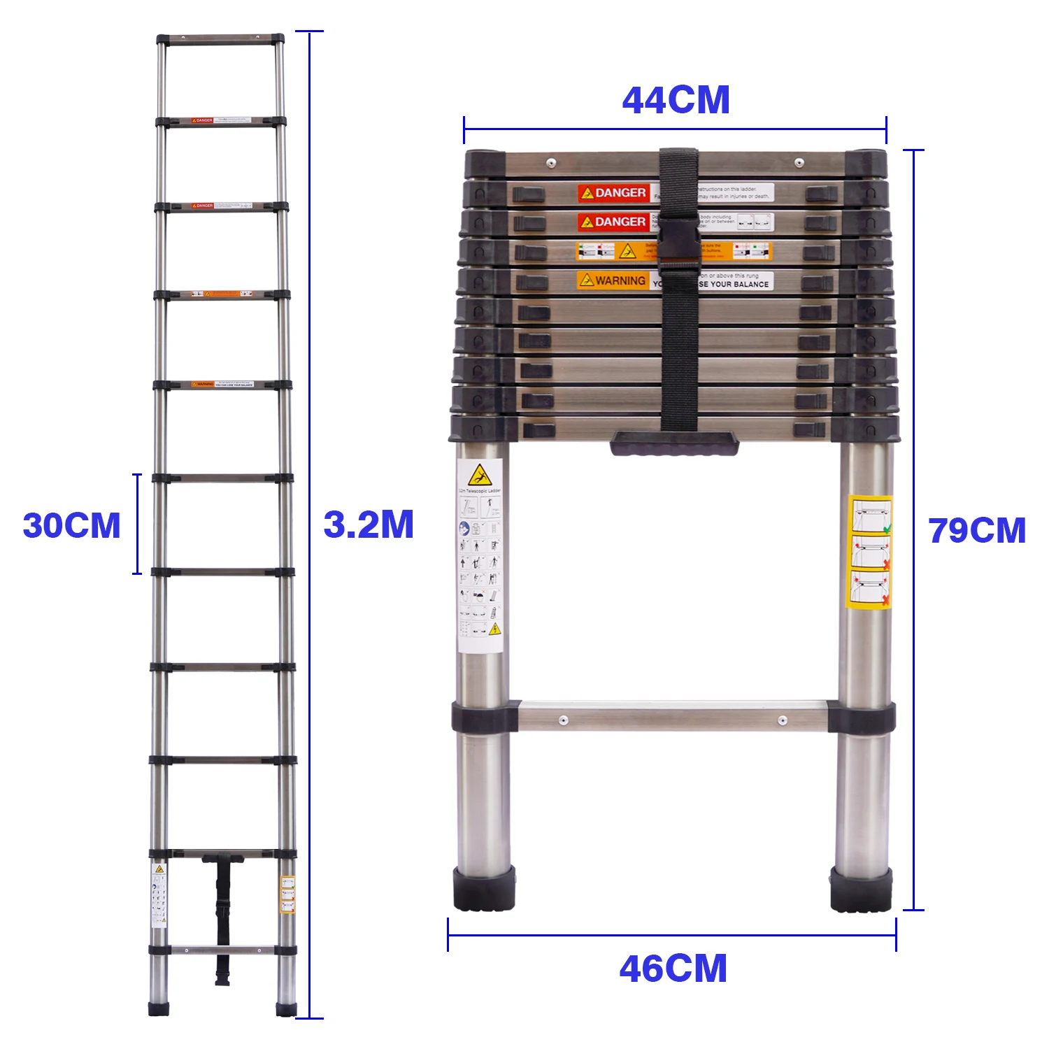 3.2M Telescopic Ladder 10.5FT Multi-Purpose Stainless Steel Telescoping Ladder Extendable Portable Sturdy Loft Ladder