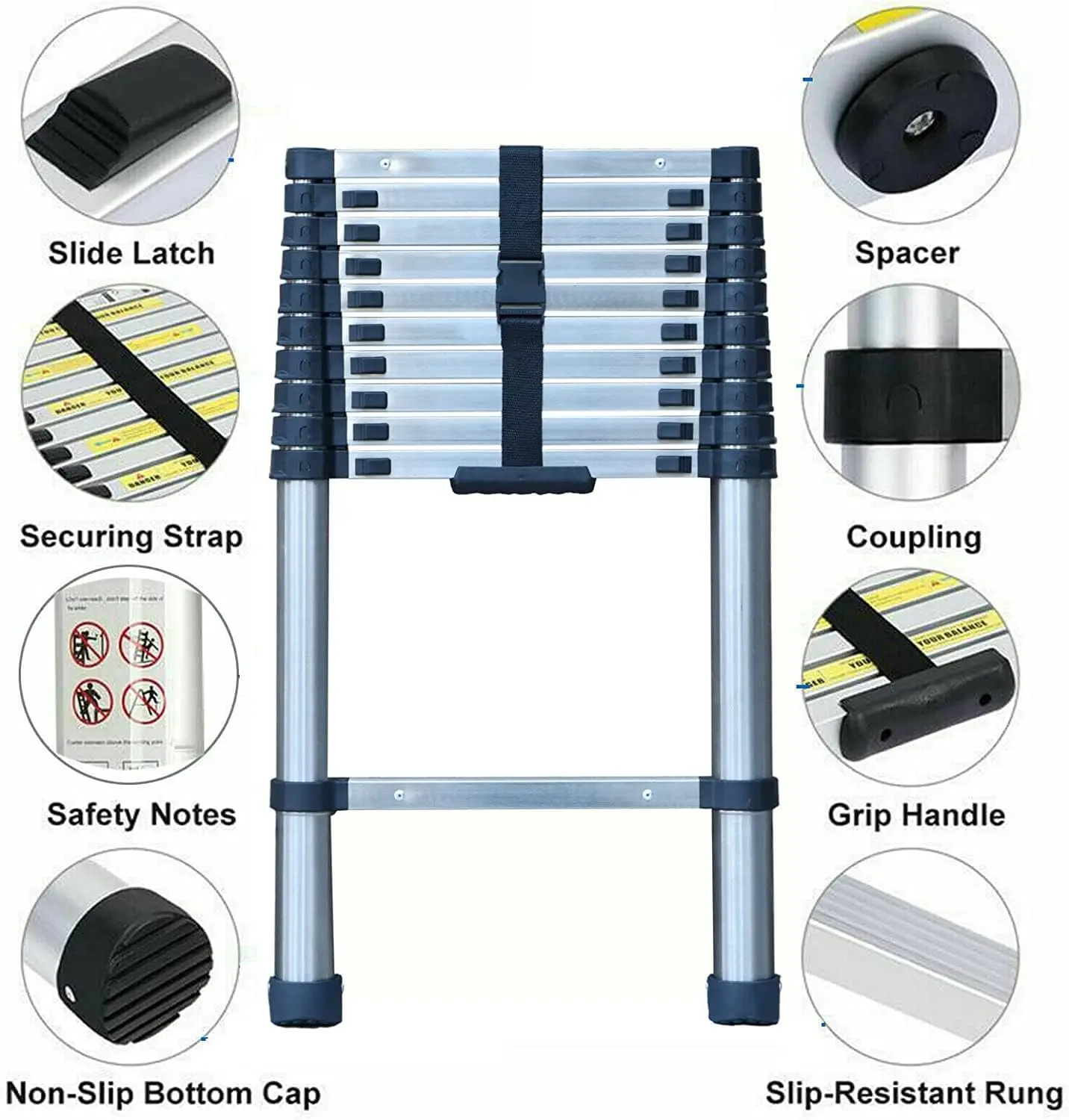 3.2M Telescopic Ladder 10.5FT Multi-Purpose Stainless Steel Telescoping Ladder Extendable Portable Sturdy Loft Ladder