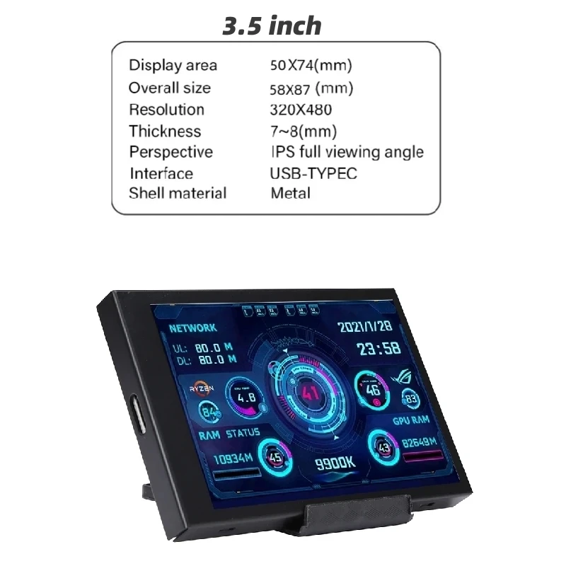 3.5 Inch IPS TYPE-C Secondary Screen Computer CPU GPU RAM HDD MonitorUSB Display For Freely AIDA64