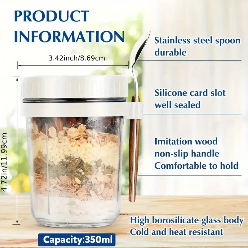 350ML Overnight Oat Cup Glass With Lid And Spoon Seal Food Breakfast Cup Portable Cereal Milk Salad Yogurt Cup Kitchen