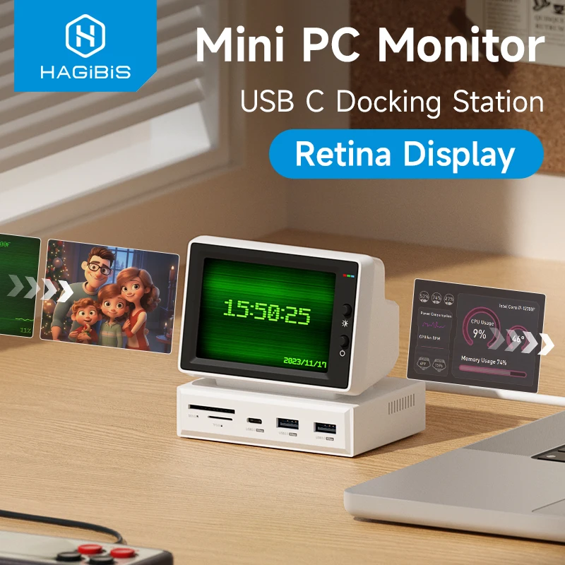 3.5inch IPS Mini Screen AIDA64 Mini PC CPU RAM HDD Data Monitor Display Sub Screen with USB C Hub for Laptop PC MacBook