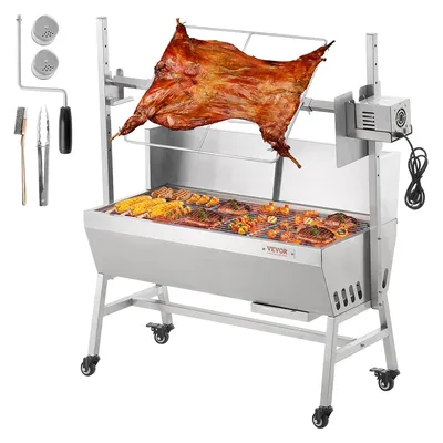 35inch Rotisserie Grill Electric Motor Charcoal Spit Grill Stainless Steel Roaster w/Lockable Wheels for Camping