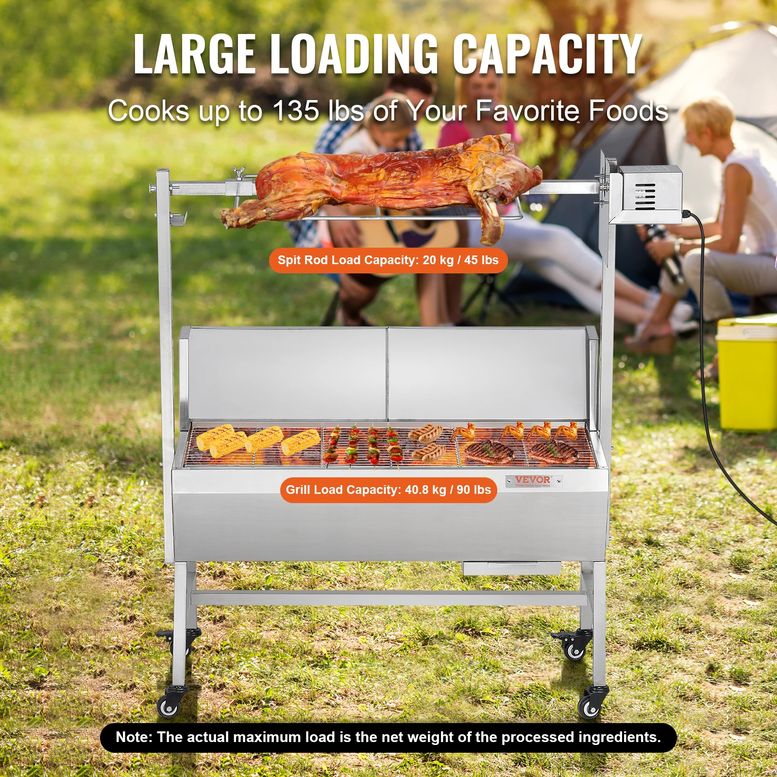 35inch Rotisserie Grill Electric Motor Charcoal Spit Grill Stainless Steel Roaster w/Lockable Wheels for Camping