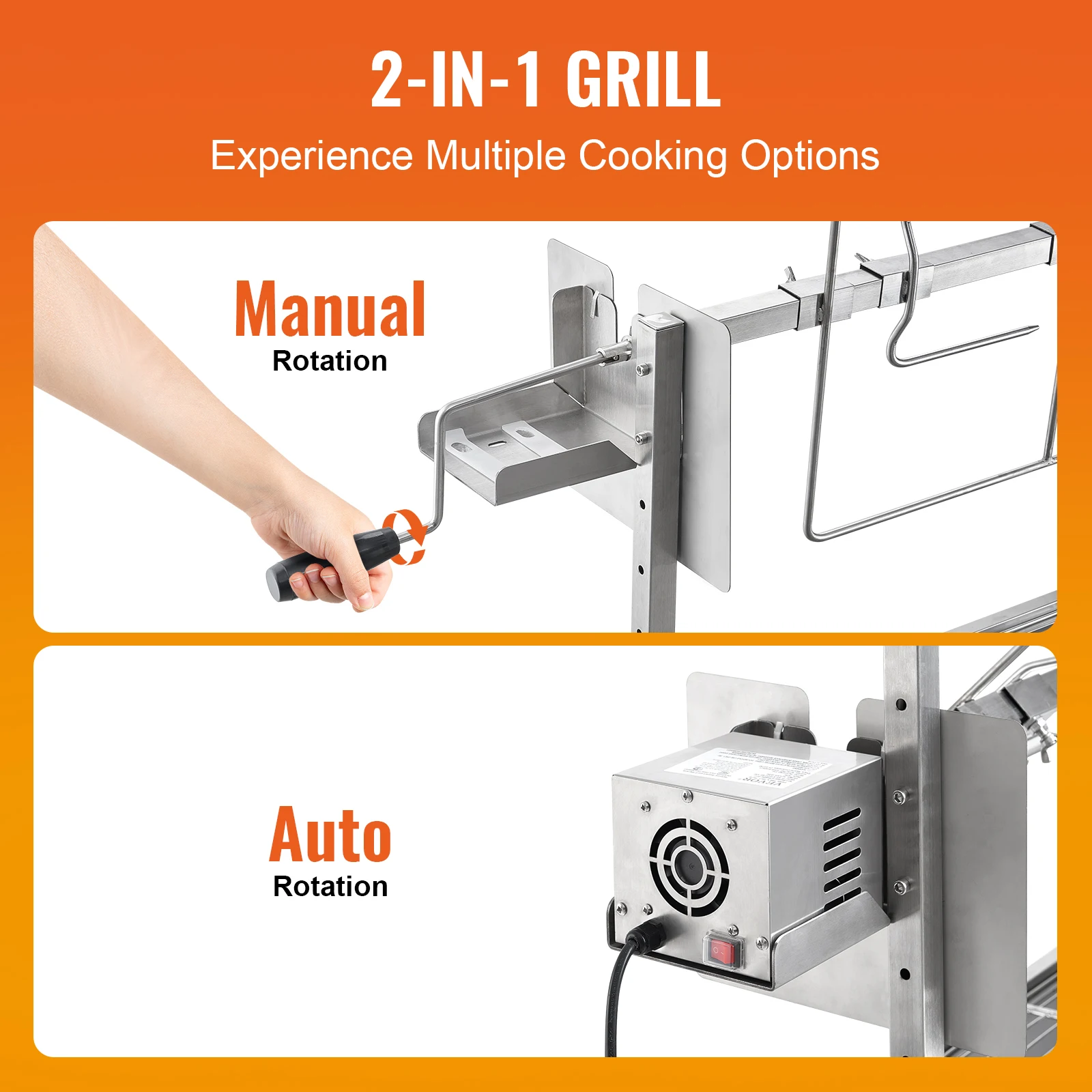 35inch Rotisserie Grill Electric Motor Charcoal Spit Grill Stainless Steel Roaster w/Lockable Wheels for Camping