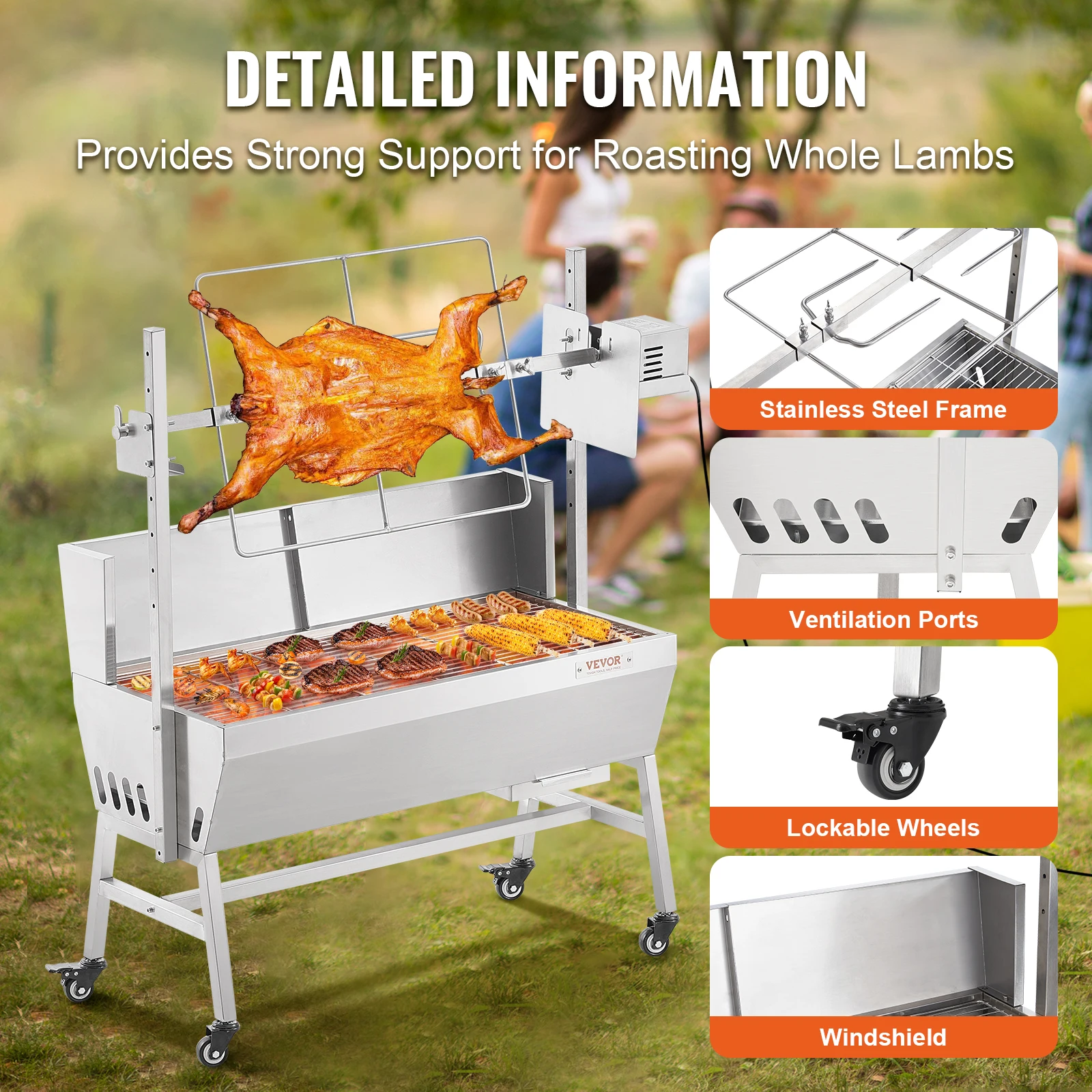35inch Rotisserie Grill Electric Motor Charcoal Spit Grill Stainless Steel Roaster w/Lockable Wheels for Camping