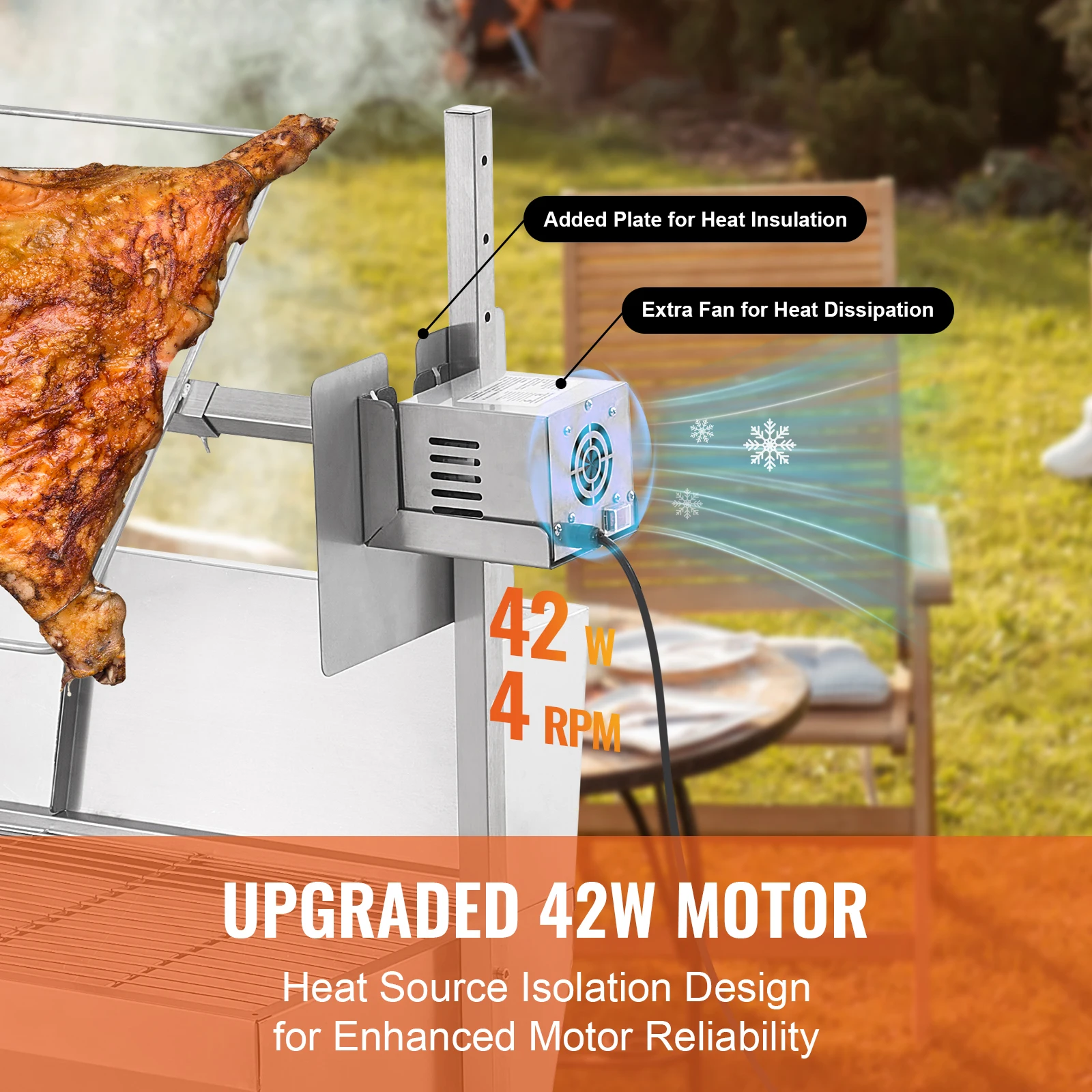 35inch Rotisserie Grill Electric Motor Charcoal Spit Grill Stainless Steel Roaster w/Lockable Wheels for Camping