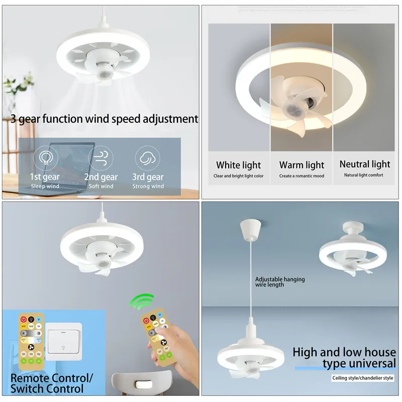 360° Shaking Head Ceiling Fan Light With Remote Control 3-Gear Dimmable Home Living Room Study 3-Speed Adjustable Fan