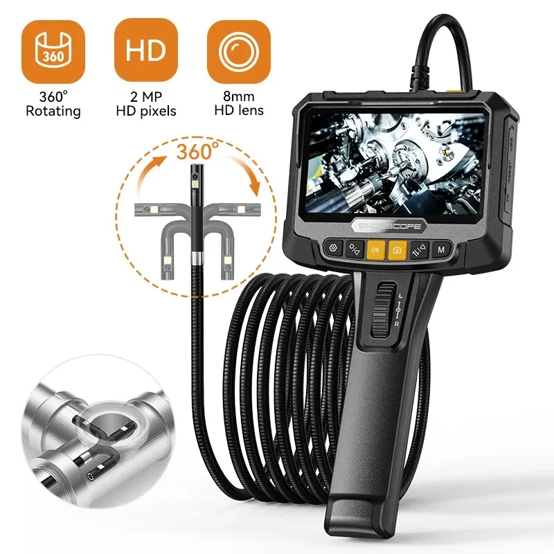 360° Steering Industrial Endoscope Camera 8mm 5″IPS Screen Single and Dual Lens Inspection Borescope 1080P For Car