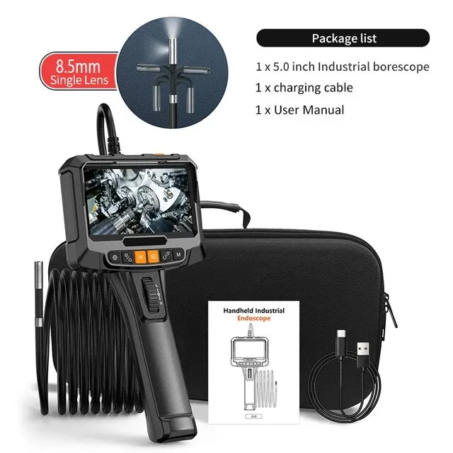 360° Steering Industrial Endoscope Camera 8mm 5″IPS Screen Single and Dual Lens Inspection Borescope 1080P For Car