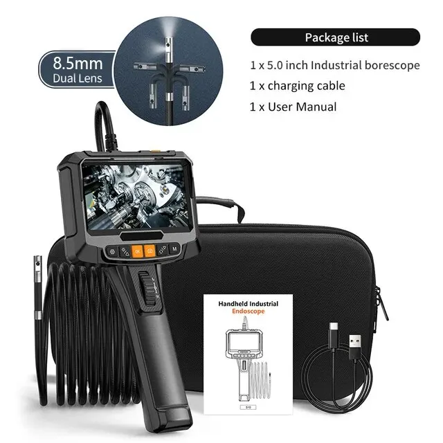 360° Steering Industrial Endoscope Camera 8mm 5″IPS Screen Single and Dual Lens Inspection Borescope 1080P For Car