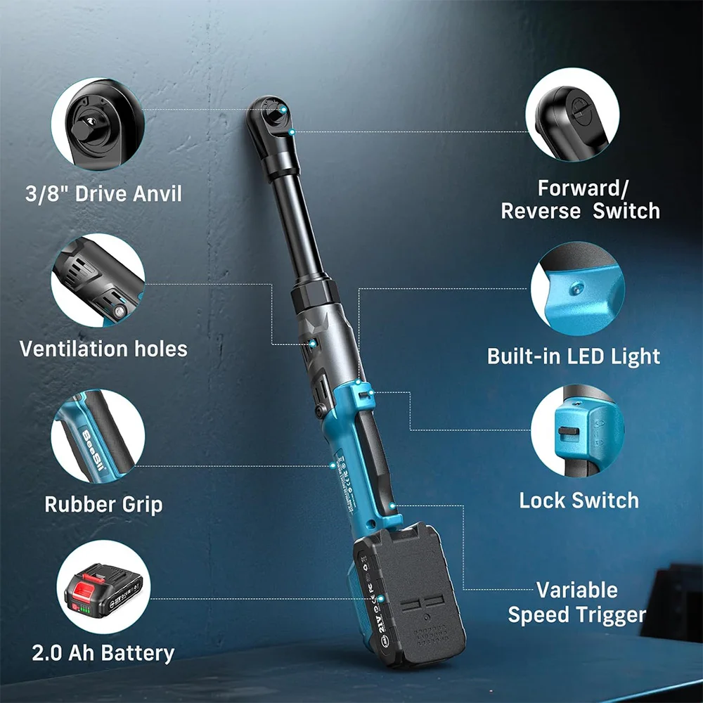3/8” 80Nm Cordless Electric Wrench 6” Extended Ratchet Wrench Electric Angle Wrench Driver Auto Repair Tools Set 12V 3/8” 80Nm Cordless Electric Wrench 6” Extended Ratchet Wrench Electric Angle Wrench Driver Auto Repair Tools Set 12V