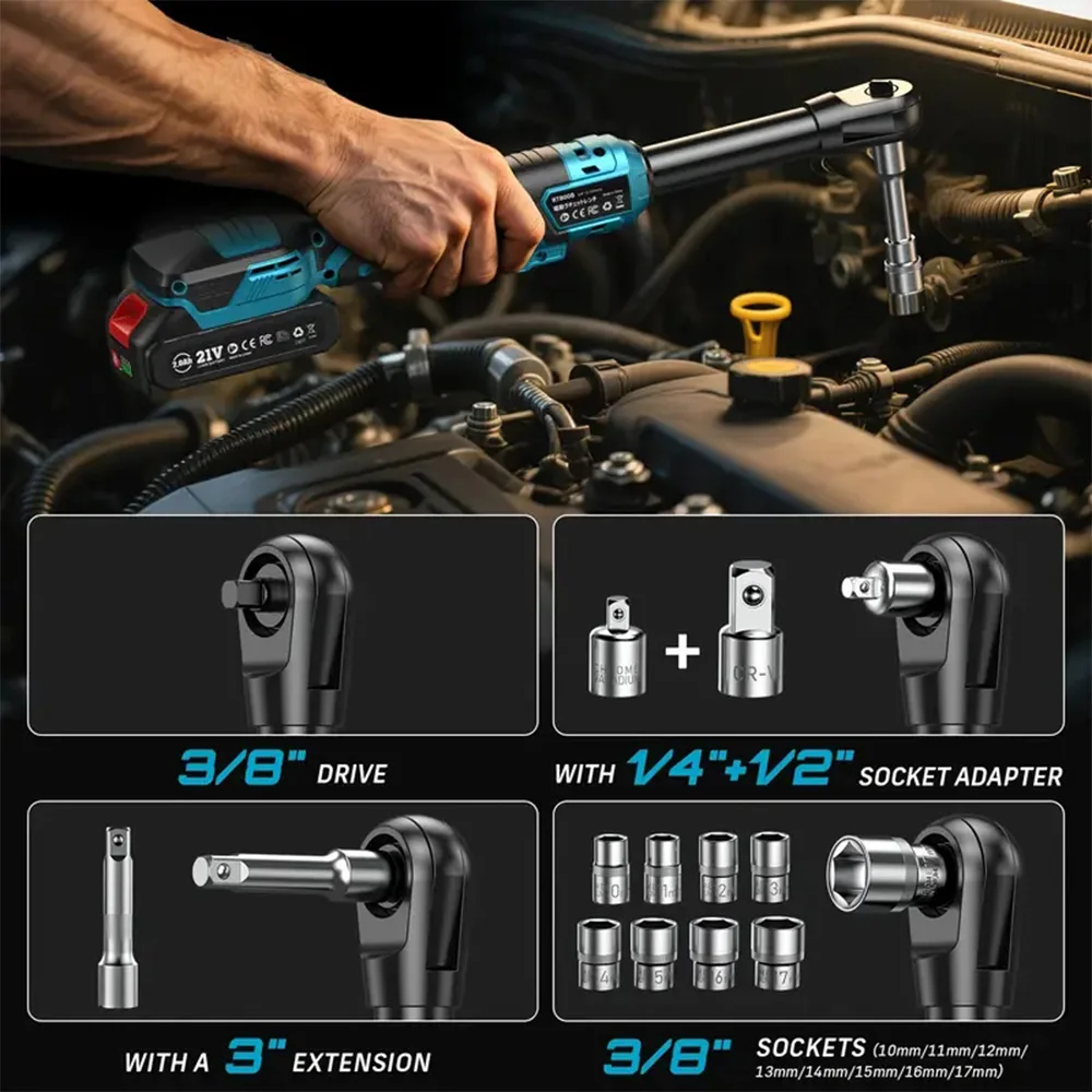 3/8” 80Nm Cordless Electric Wrench 6” Extended Ratchet Wrench Electric Angle Wrench Driver Auto Repair Tools Set 12V 3/8” 80Nm Cordless Electric Wrench 6” Extended Ratchet Wrench Electric Angle Wrench Driver Auto Repair Tools Set 12V