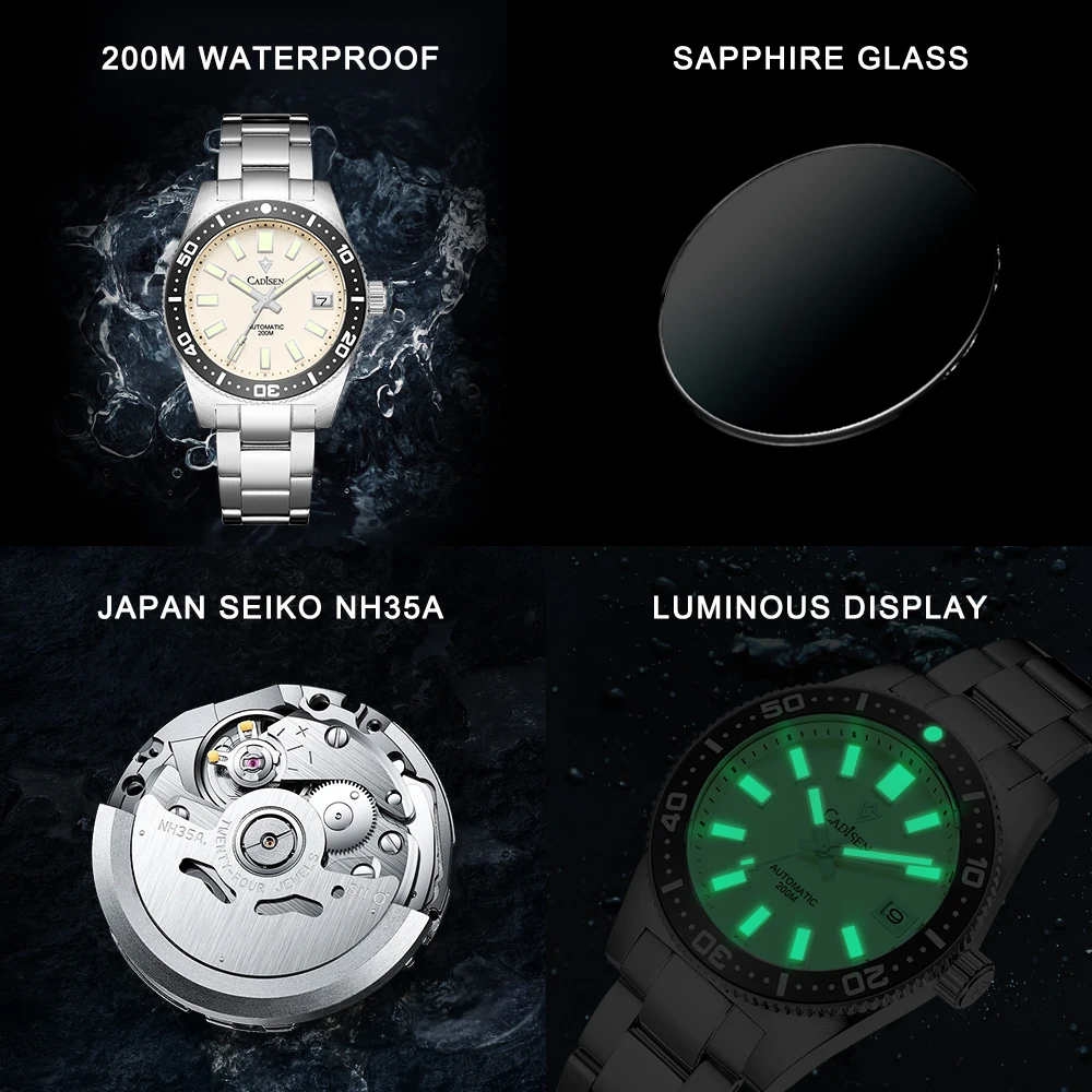 38mm Diver Mens Watch Japan NH35A Automatic Mechanical Sapphire Glass Date Luminous 200M Waterproof Wrist watch Men