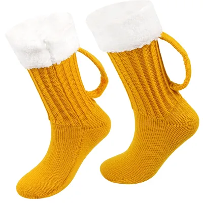 3D Beer Mug Knitted Socks Men's Padded Warm Mid-Calf Socks Women Winter Soft Funny Sleep Floor Socks Woolen Socks