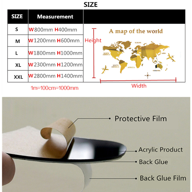 3D Mirror Style World Map Wall Sticker 3D Mirror Style World Map Wall Sticker