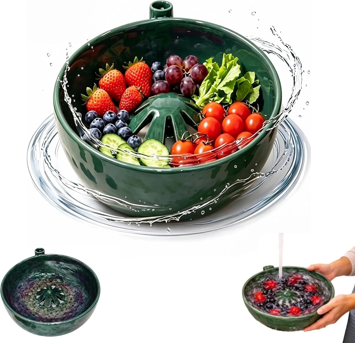 3D Printed Self Spinning Berry Washing Bowl with Drain Holes, 360° Fruit & Vegetable Washer Colander