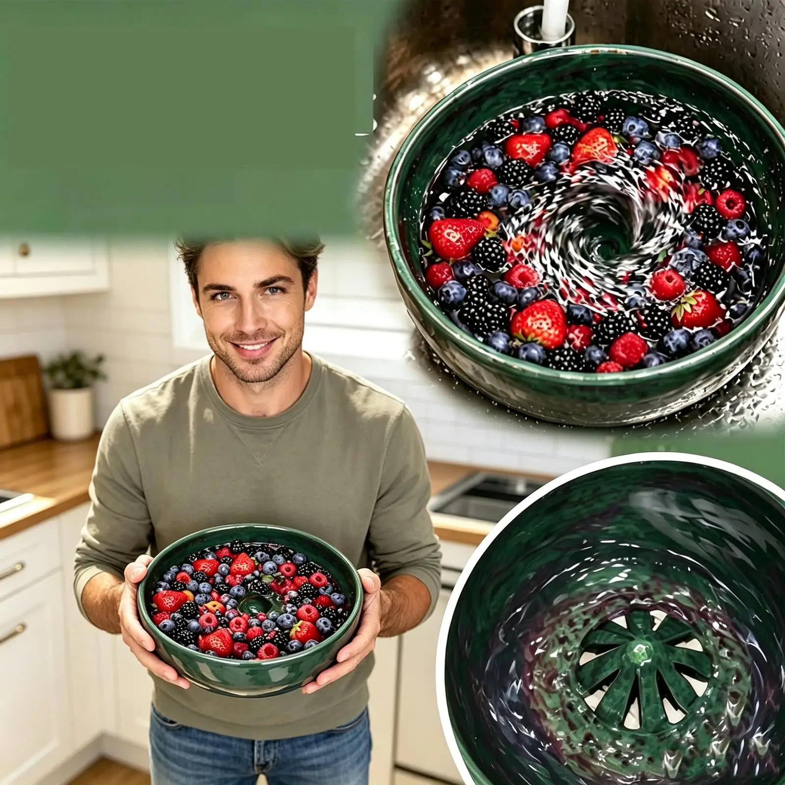 3D Printed Self Spinning Berry Washing Bowl with Drain Holes, 360° Fruit & Vegetable Washer Colander 3D Printed Self Spinning Berry Washing Bowl with Drain Holes, 360° Fruit & Vegetable Washer Colander