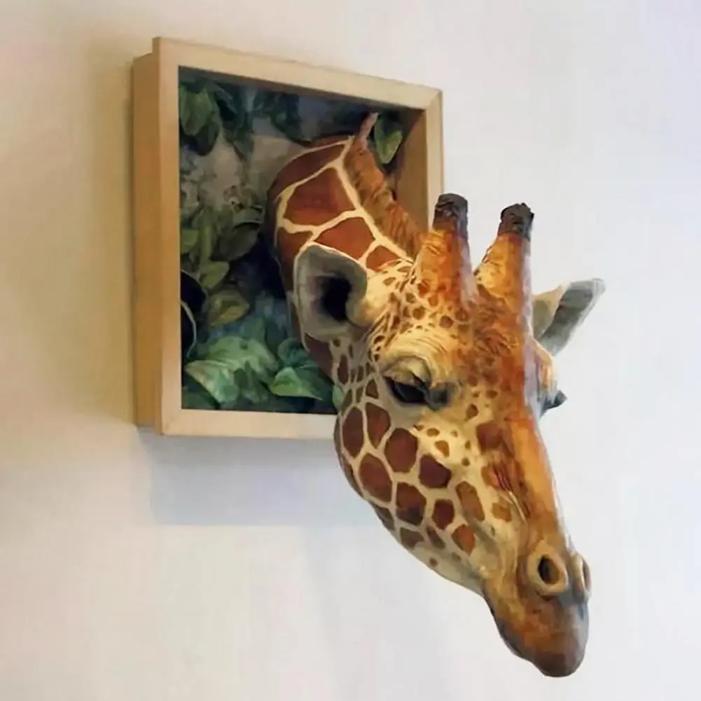 3D Wall Mounted Giraffe Sculpture Giraffe Heads Wall Hanging Decorations Wall Art Life-like Animal Statue Ornaments